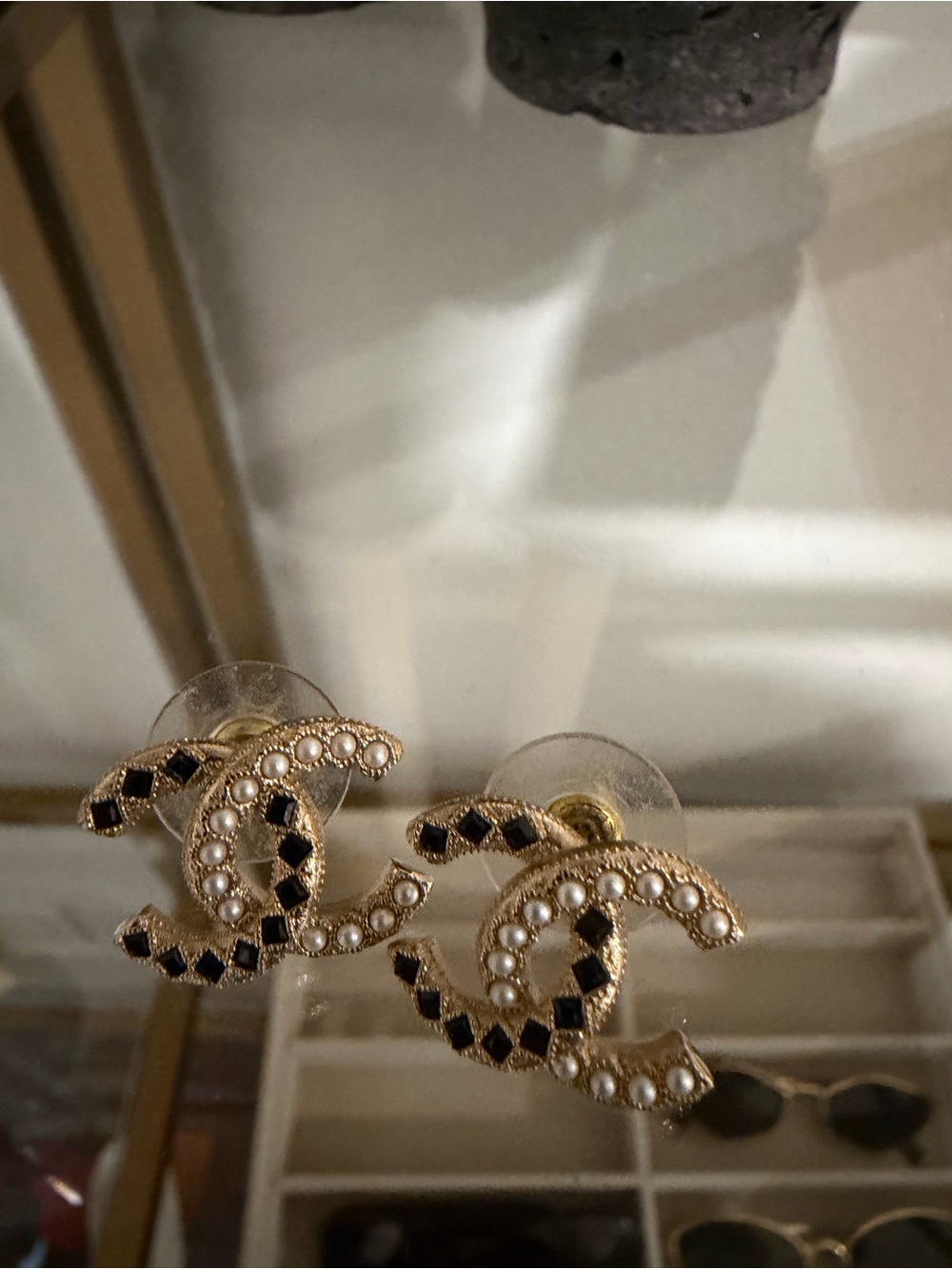 CHANEL Gold CC Logo Studs with Black Enamel & Pearls
